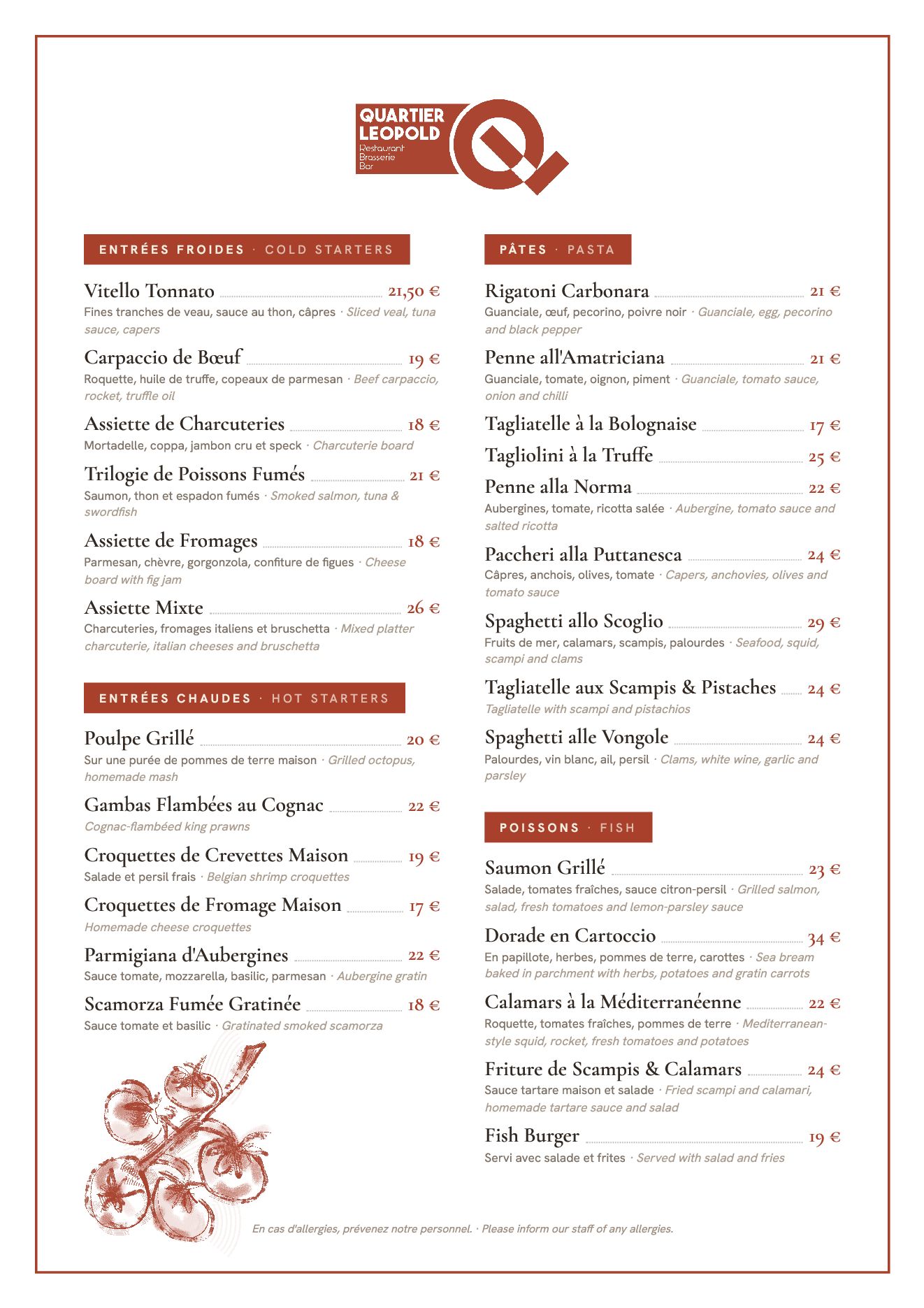 Menu du Quartier Leopold, page 1 : entrées, pâtes et poissons