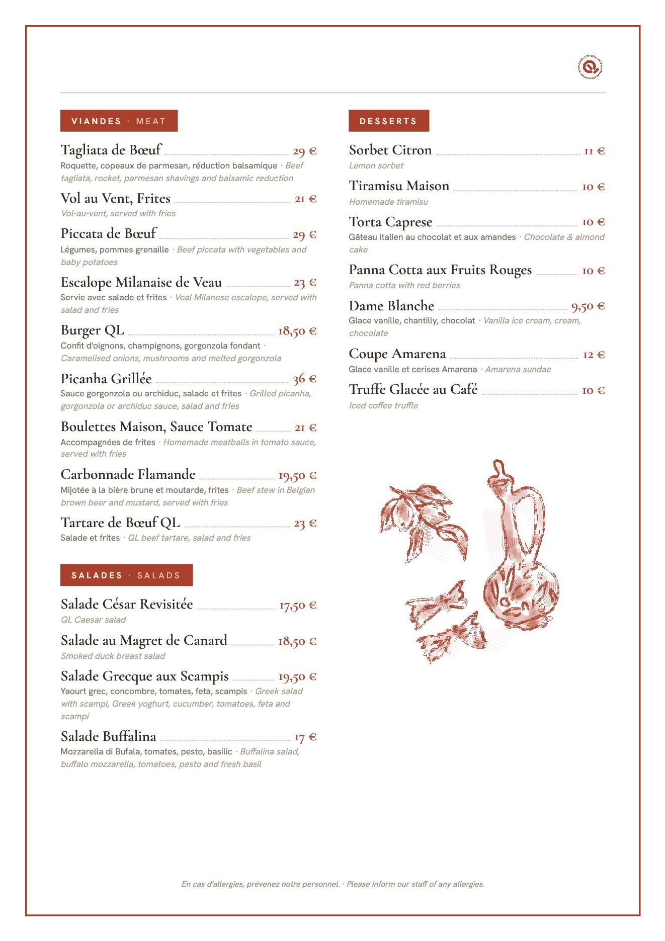 Menu du Quartier Leopold, page 2 : viandes, salades et desserts